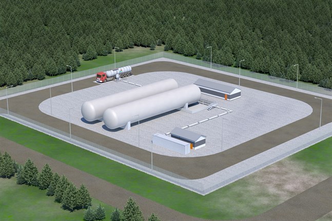 Så här kan en LNG-terminal se ut. Skiss över terminalen i Brahestad.