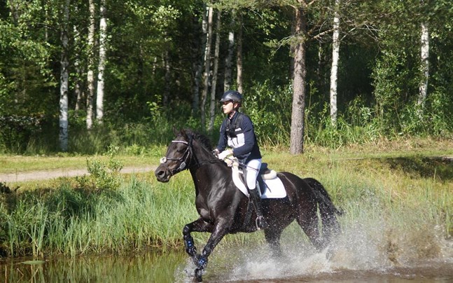 Amanda Nygård och De Almendra vid vattenhindret under terrängritten.