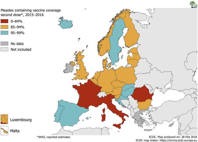 Vaccinationstäckningen mot mässling i Europa 2015-2016.