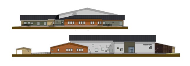 Preliminära skissritningar för Nedervetil skola, förskola och bibliotek har gjorts av Arkitektbyrå Jorma Paloranta.
