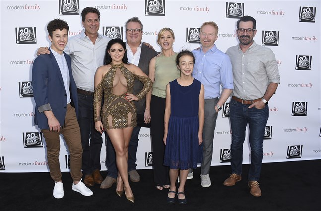 Nolan Gould, Steve Levitan, Ariel Winter, Eric Stonestreet, Julie Bowen, Aubrey Anderson-Emmons, Jesse Tyler Ferguson och Ty Burrell är några av skådespelarna i "Modern family", som kommer tillbaka i en elfte säsong. Arkivbild.