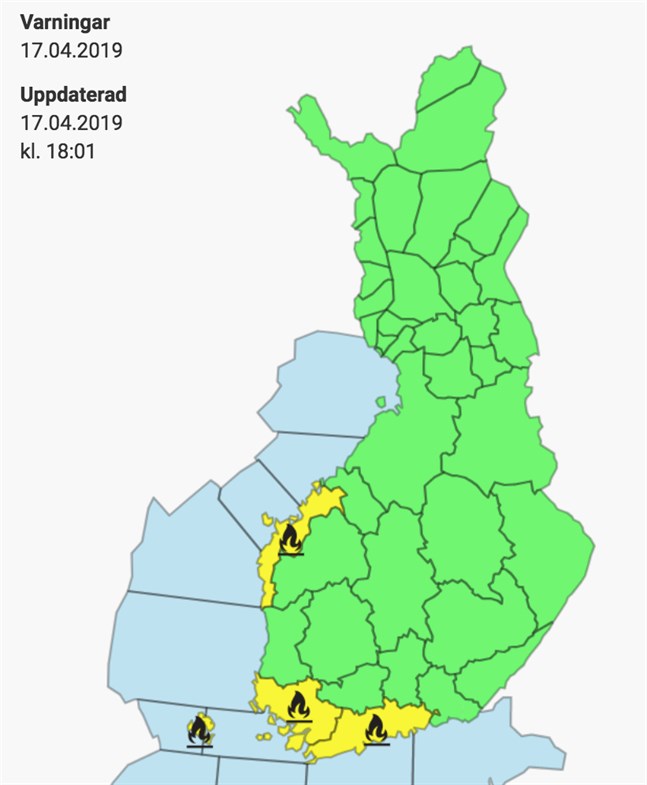 Meteorologiska institutet varnar för gräsbrand. Påskbrasor är öppen eld och det är förbjudet att göra upp öppen eld då det råder
varning för gräsbrand.