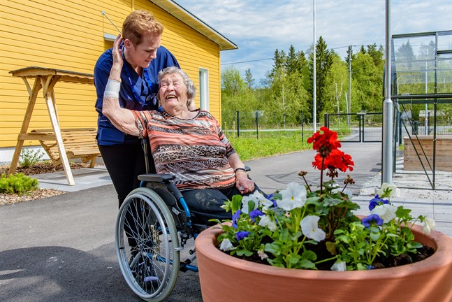 Inte min förtjänst, erkänner Terttu Keto om blomsterarrangemanget i krukan. Men det behövs någon som leder arbetet med svarar Hagas platschef Malin Åkerman.