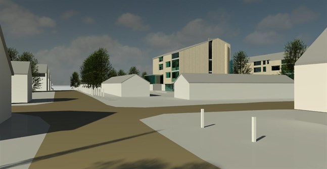 Enligt planen kunde den här vyn i framtiden möta den som svänger in på Slussgatan vid nuvarande skolan och kör västerut mot havet. I dag står den gamla övergivna skolan på tomten.