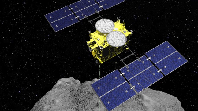 En illustration av Hayabusa2 ovanför Ryugu.