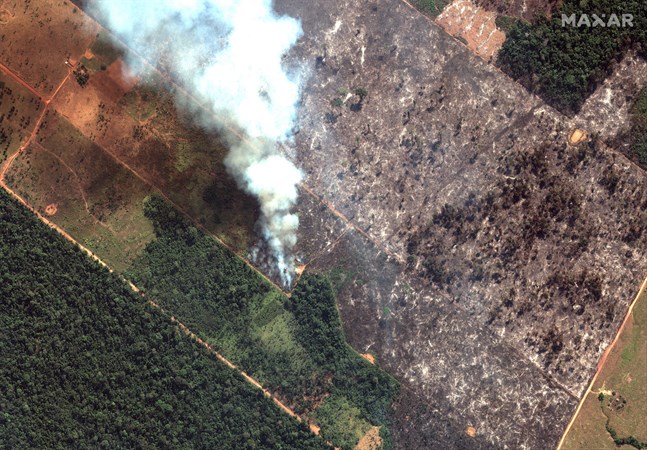 Satellitbild som visar brinnande regnskog i den brasilianska delstaten Rondônia.