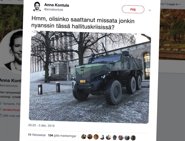 Skärmdump av en tweet av riksdagsledamoten Anna Kontula som förundrar sig över ett pansarfordon utanför riksdagen.