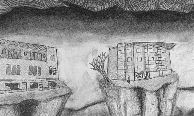 Övergivna hus och en ensam figur syns på ett utsnitt av Algot Lunds teckning av Jakobstad.