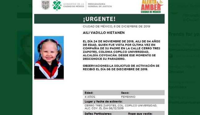 En finländsk flicka har försvunnit i Mexiko, meddelar mexikanska myndigheter.