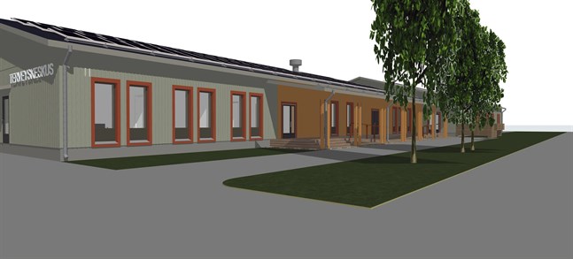 Så här kommer Kaskö servicecentral att se ut mot Slussgatan. I den västra delen blir det social- och hälsovårdscentral, i den östra delen (mot skolhuset) får daghem och förskola plats. I mitten placeras centralkök och matsal.