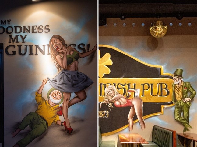 Kvinnan till höger balanserar ett ölstop på rumpan. På ryggen sitter tukanen, som är en del av Guinness varumärke.