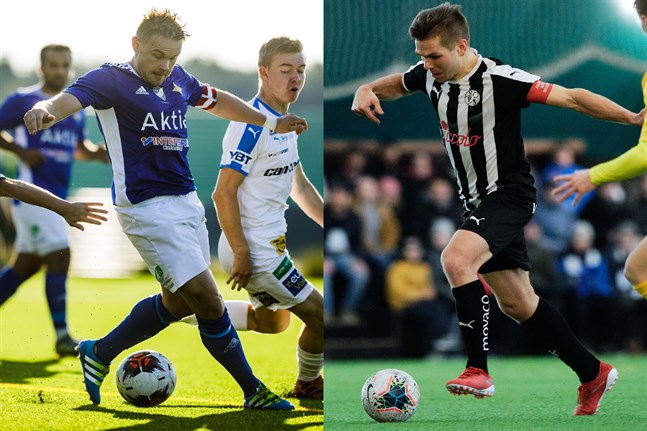 Jonas Pitkäkangas med kaptensbindeln i Vasa IFK i fjol och VPS lagkapten Sebastian Strandvall i farten i lördags i cupmatchen mot AC Oulu. Strandvall är fostrad i Vasa IFK.