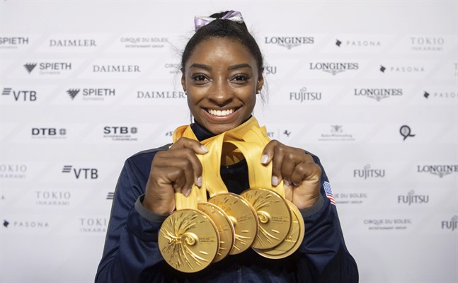 Simone Biles utsågs till årets idrottskvinna tack vare sina fem VM-guld. Arkivbild.