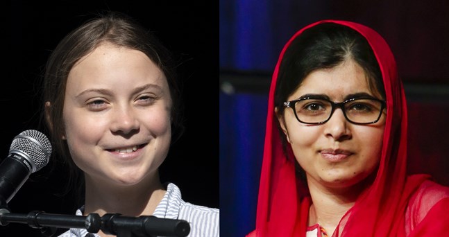 Greta Thunberg och Malala Yousafzai träffades i Oxford, Storbritannien. Arkivbilder i montage.