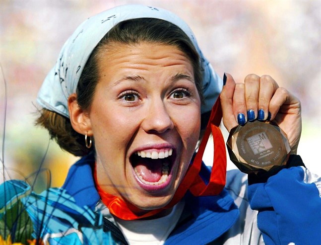 Mikaela Ingberg i EM i München 2002 där det blev brons. Totalt tog hon tre mästerskapsbrons under sin karriär.