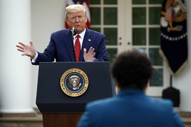 USA:s president Donald Trump vid helgens presskonferens i rosenträdgården utanför Vita huset.