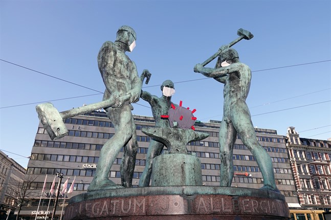 THL kartlägger spridningen av coronaviruset med hjälp av ett antikroppstest. På bilden krossar Tre smeder i Helsingfors coronaviruset.