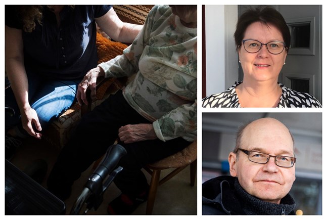 Det råder brist på skyddsutrustning inom hemvården, vilket har gjort det är svårt att möta kraven från social- och hälsovårdsministeriet, konstaterar Monika Björkqvist och Heikki Kaukoranta.