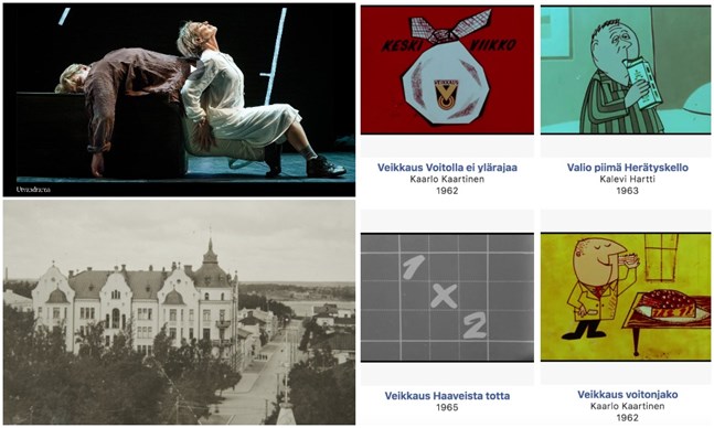 Bilder från (vänster övre) Dramatens föreställning av Utvandrarna, (vänster nedre) Vasa Aktiebank, nuvarande Kurtenia, och (till höger) reklamfilmer som finns tillsammans med ett stort urval av klassiska finska filmer.