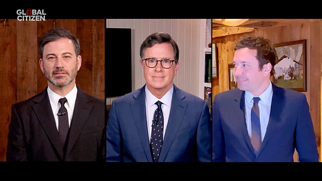 Programledarna Jimmy Kimmel, Stephen Colbert och Jimmy Fallon under One world: Together at home-sändningen.