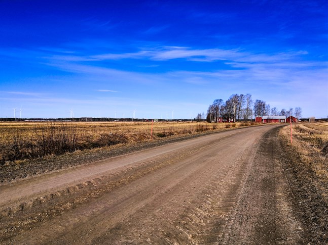 De österbottniska grusvägarna är i bra skick för tillfället. Menföret ser ut att bli lindrigt i vår. Bilden är från Övermark.