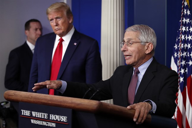 Anthony Fauci, chef för Nationella institutet för allergier och infektionssjukdomar (Niaid) i USA, vid en presskonferens i Vita huset. President Donald Trump lyssnar i bakgrunden. Arkivbild.