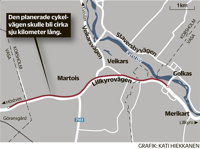 Den nuvarande cykelvägen slutar vid Göransgård. Planen är att den nya skulle ta vid där den befintliga cykelvägen slutar.