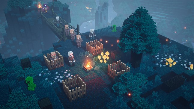 "Minecraft dungeons" är byggt för samarbete. Uppemot fyra spelare kan spela samtidigt i soffan, eller via nätet. Pressbild.