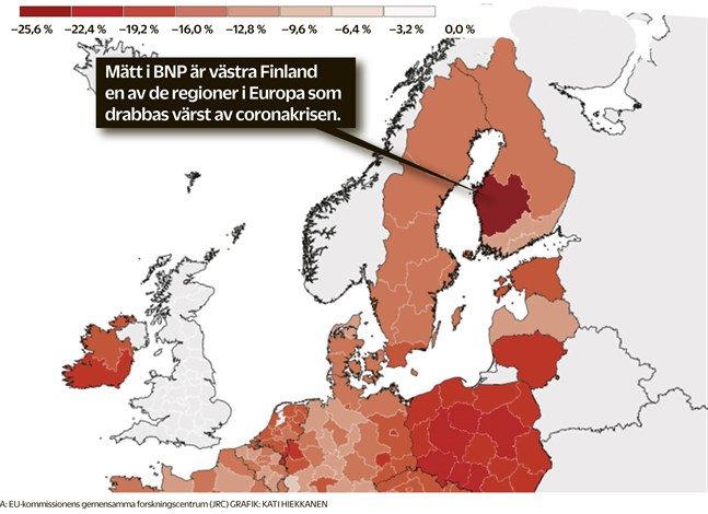 Prognosen gäller hösten 2020 och framåt. I västra Finland är fallhöjden högst eftersom produktiviteten är störst. Slår prognosen för Västra Finland in betyder det att de fem regionerna skulle bidra betydligt mindre än normalt till hela Finlands BNP. Prognosen gäller regionerna som helhet, inte enbart exportföretagen. Det är deras beräknade tapp som är förklaringen.