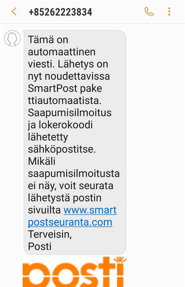 Så här ser ett av de senaste bluffmeddelandena ut. Det uppmanar mottagaren att besöka www.smartpostseuranta.com för att få tillgång till koden för att öppna paketautomaten.