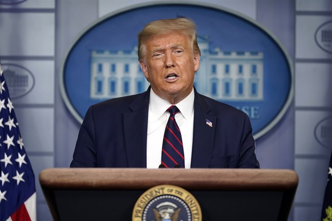 USA:s president Donald Trump vid en presskonferens i Vita huset, natten mot fredag svensk tid.
