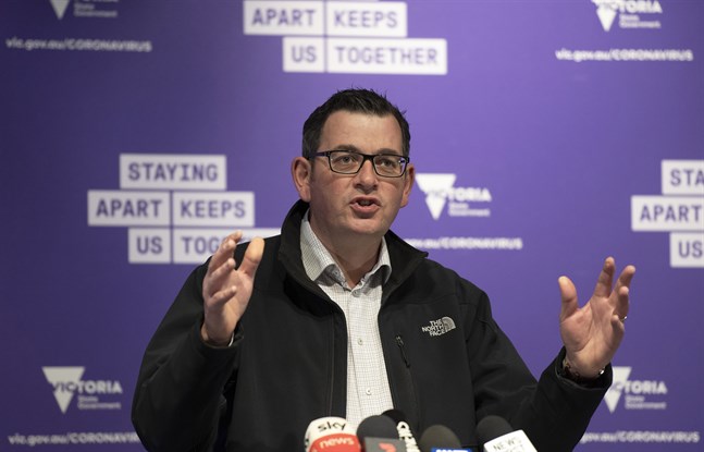 Daniel Andrews, premiärminister i den australiska delstaten Victoria, vid en presskonferens.