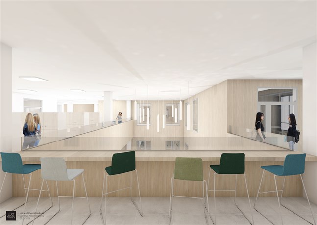 I Närpes nya högstadieskola har arkitekterna lekt med kontraster. Insidan blir ljus och fasaden mörk, men att skolan är byggd av trä kommer att märkas såväl ute som inne.