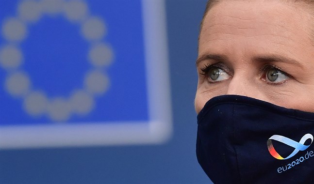 Danmarks statsminister Mette Frederiksen under ett EU-möte i Bryssel i juli.