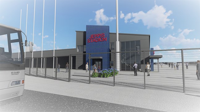 Skiss över Jakobstads stadionprojekt med arbetsnamnet Jeppis Stadion.