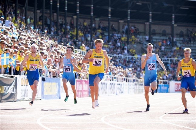 Herrarnas 200 meter under friidrottslandskampen på Stockholms stadion i fjol.