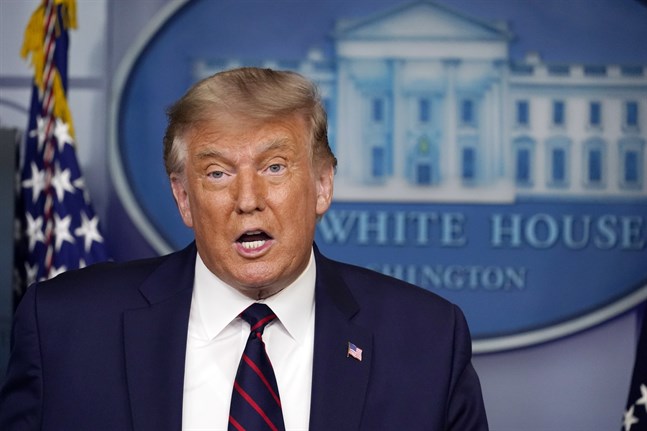 USA:s president Donald Trump vid presskonferensen i Vita huset.