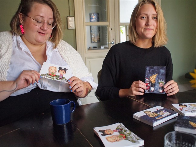"Maggan året runt" är den andra barnboken som Ellen Strömberg och Elin Löf ger ut tillsammans. På vykorten syns illustrationer från boken.