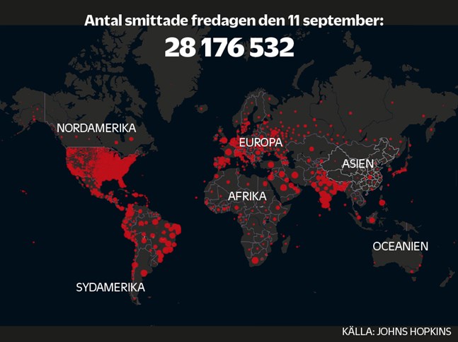 De röda prickarna visar hur många bekräftade fall av covid-19 som rapporterats.