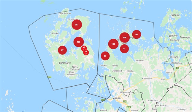 Vasa elnäts avbrottskarta klockan 18.52 på onsdagen.