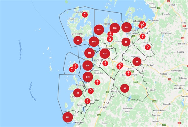 Vasa Elnäts avbrottskarta klockan 15.23.