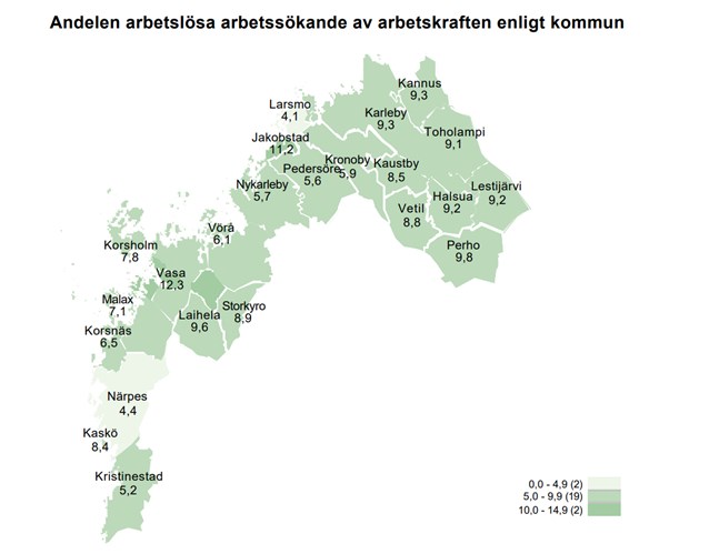 Så här såg situationen ut inom Österbottens NTM-centrals område i augusti visar kartan som finns i NTM-centralens sysselsättningsöversikt.