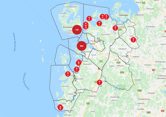 Vasa Elnäts avbrottskarta klockan 14.02 på onsdagen.