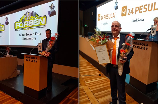 Valter Forsén (Fma Valter Forsén) och Asko Nevala (24 Pesula) tog emot utmärkelser av Mellersta Österbottens Företagare.