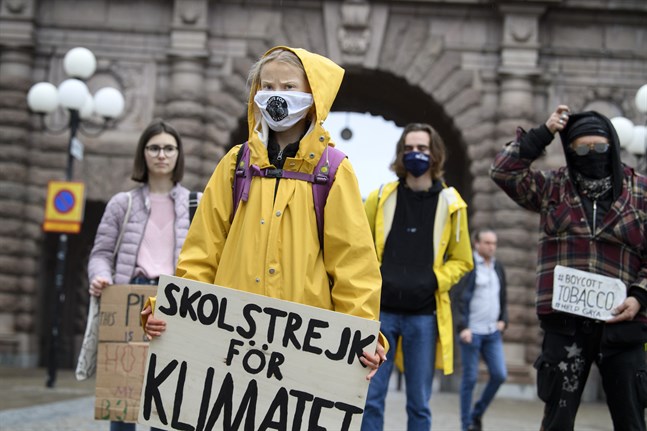 Greta Thunberg i fredagens manifestation med Fridays for future på Mynttorget i Stockholm. I över två år har hon drivit kampanjen där.