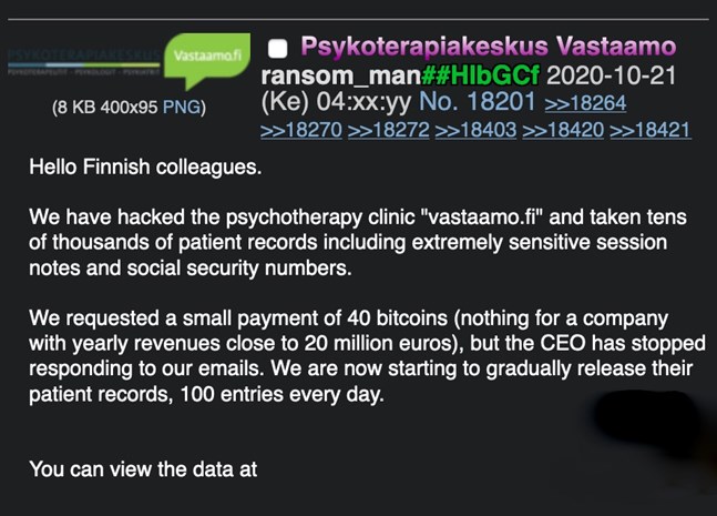 Vastaamo-utpressaren har publicerat uppgifter om hackerattacken på darknet. SPT har raderat adressen till sajten där patientjournalerna ligger.