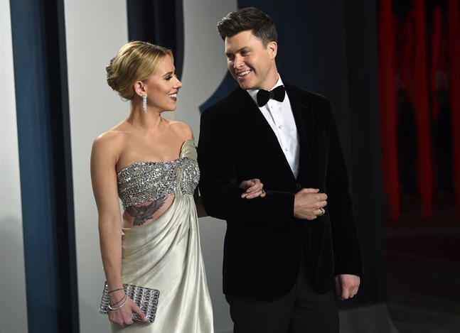 Det lyckliga paret Scarlett Johansson och Colin Jost, här i Los Angeles i februari i år.