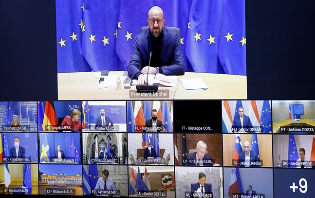 EU:s permanente rådsordförande Charles Michel håller webbtoppmöte med medlemsländernas stats- och regeringschefer.