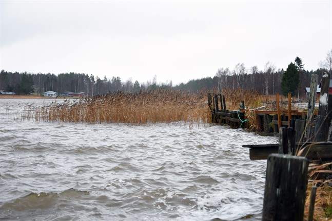 Stormen höjer också havsvattennivån, så här såg det ut vid Österfjärden i Nämpnäs på torsdagen.