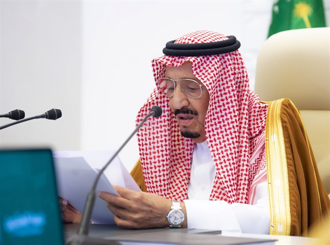 Saudiarabiens kung Salman håller sitt öppningsanförande vid G20-mötet. Arkivbild.